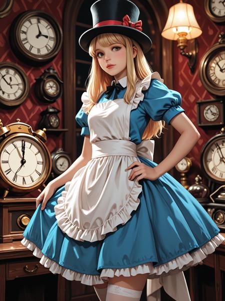 UnderlandAlice,  Score 9, Score 8, Score 7, Masterpiece, High Quality, Good Quality, Latest Model, High Resolution, alice in wonderland, blonde hair, short blue dress, white apron, white thighhighs, BREAK Mad Hatter, top hat, clocks, tattered, fantasy horror, studio ghibli nightmare, neil gaiman aesthetic, soft shadows, cinematic lighting, masterpiece