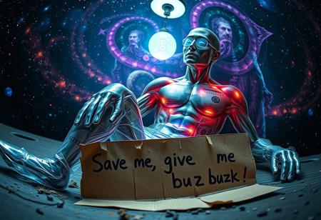 “Plastic Man morphing into a combination of dollars and bitcoins, blending human and financial features with intricate high-technology details. His body exhibits glossy, translucent plastic textures merging seamlessly with the crisp bills of currency and glowing bitcoin symbols, with digital codes flowing through the notes. Random, glowing, fancy spots illuminate the scene, resembling futuristic bio-luminescence. A rotten piece of cardboard lies in the foreground, damp and crumpled, with bold, messy handwriting that reads: ‘Save me, give me buzz!’ The background shifts to a cosmic, starry sky filled with swirling galaxies and neon-colored energy fields, while the illumination source comes from a flickering, glowing orb suspended above, casting dramatic shadows and a soft, surreal glow. Rendered with cinematic prime lens effects, using a fisheye 12mm perspective for dramatic distortion and dynamic depth, showcasing surrealism with stunning visual clarity.”