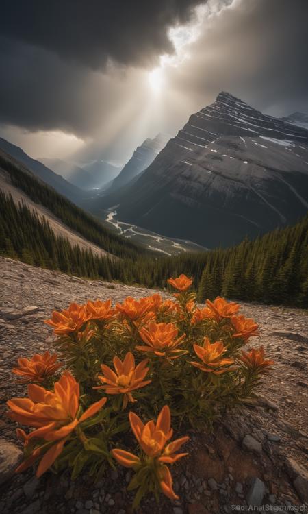 [ (by Tristan Eaton:0.9) and Dan Mumford:18], photograph, landscape of a (The Canadian Rockies:1.1) , Moroccan flora, Stormy weather, Lens Flare, HDR, Nikon Z9, Depth of field 270mm, Warm Colors