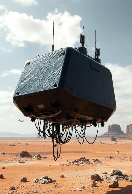 ultra high resolution, masterpiece, best quality, small featureless angular glossy black spacecraft with a heavily textured surface hovering low to the ground, underneath the spacecraft are cables hoses and wires, antennas on top, cables hanging from below, rectangular in shape, futuristic world, post apocalyptic landscape, anti gravity, in the atmosphere, sky, clouds, ground visible, hovering,  dry desert, rocky outcroppings