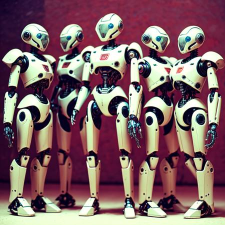 photo, painting of a group of robot standing next to each other (mecharoboto style:1) <lora:djzMechaRobotoV21:0.8>