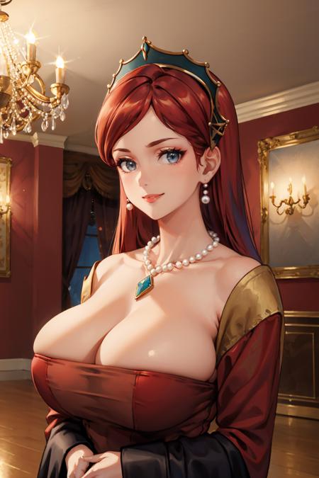 masterpiece, best quality, <lora:hildagreyrat-nvwls-v1-000010:0.9> hildagreyrat, grey eyes, headdress, earrings, pearl necklace, pendant, large breasts, red dress, cleavage, long dress, wide sleeves, upper body, looking at viewer, smile, mansion, chandelier, arms down