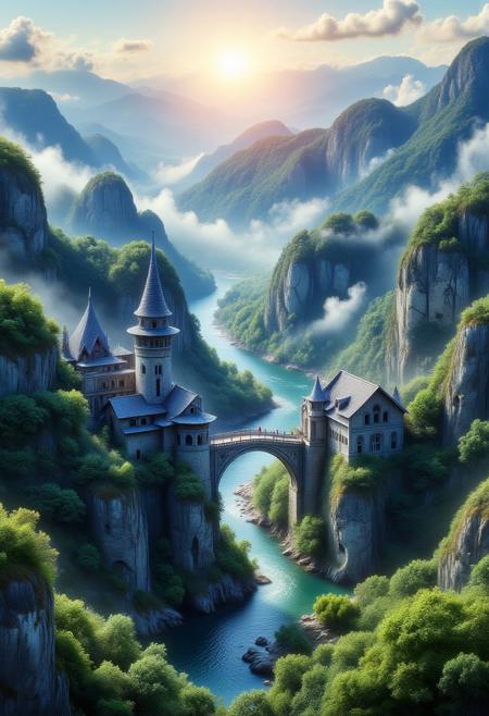towers ringed in mist, sunrays, mixed media, surrealism, fantasy, great lighting, A surreal landscape highly detailed, extremely high-resolution details, appears trapped in an optical illusion of reflections and refractions colorful, Zhangjiajie mountains,  Vienna in contemporary Austria, stone bridges, winding rivers extending to the horizon, professional photography, natural lighting, volumetric lighting maximalist. vivid, vibrant colors, intricately detailed, complex, elegant, expansive, fantastical, film photography style, medium grain, cmnt
 (8k uhd:1,4)