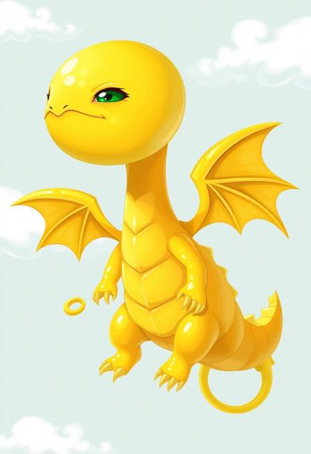 A stylized lemon dragon with a big lemon head and tiny wings tilts its head and looks this way. Its body is made of several connected lemon slices, and the tip of its tail has a curled lemon peel. Its eyes are a bit far apart, giving it a laid-back expression. The background is a pale blue sky with white clouds. wl_lemons