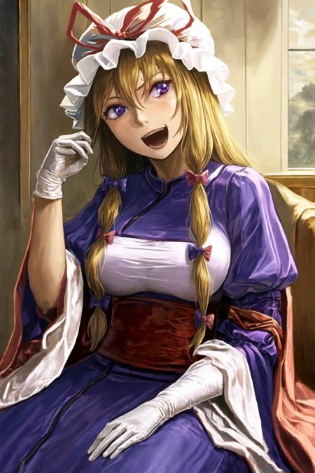 amb, 1girl, bow, blonde hair, breasts, dress, fine art parody, gloves, hair between eyes, hair bow, hand up, hat, hat ribbon, hurdy-gurdy, indoors, instrument, long hair, mob cap, open mouth, parody, puffy short sleeves, puffy sleeves, purple dress, purple eyes, ribbon, upper body, yakumo yukari <lora:amibazh_v7-000012:1>