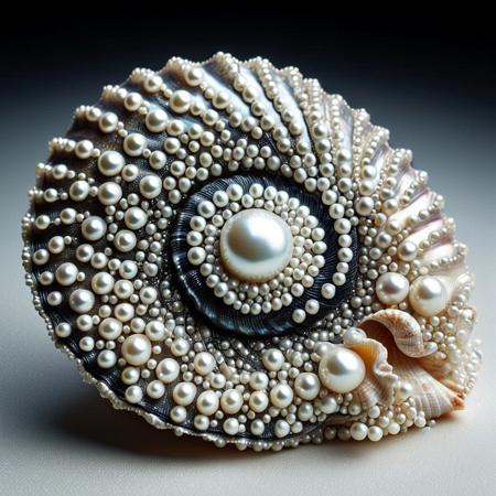lazypos, highly detailed and hyper realistic, Ultrarealistic, sharp focus, Pearlum, dynamic lighting,  best quality, open seashell made of pearls, small black closed seashell inside