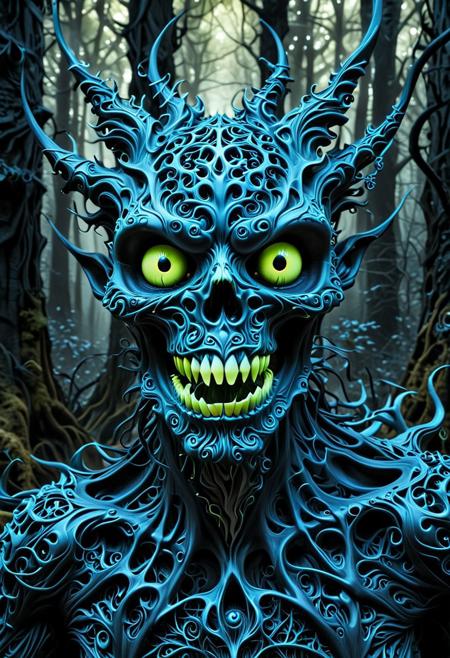 Fractal evil woods, weird ghost organic macabre creature, haunting, neon teeth, fear, dark evil monster,