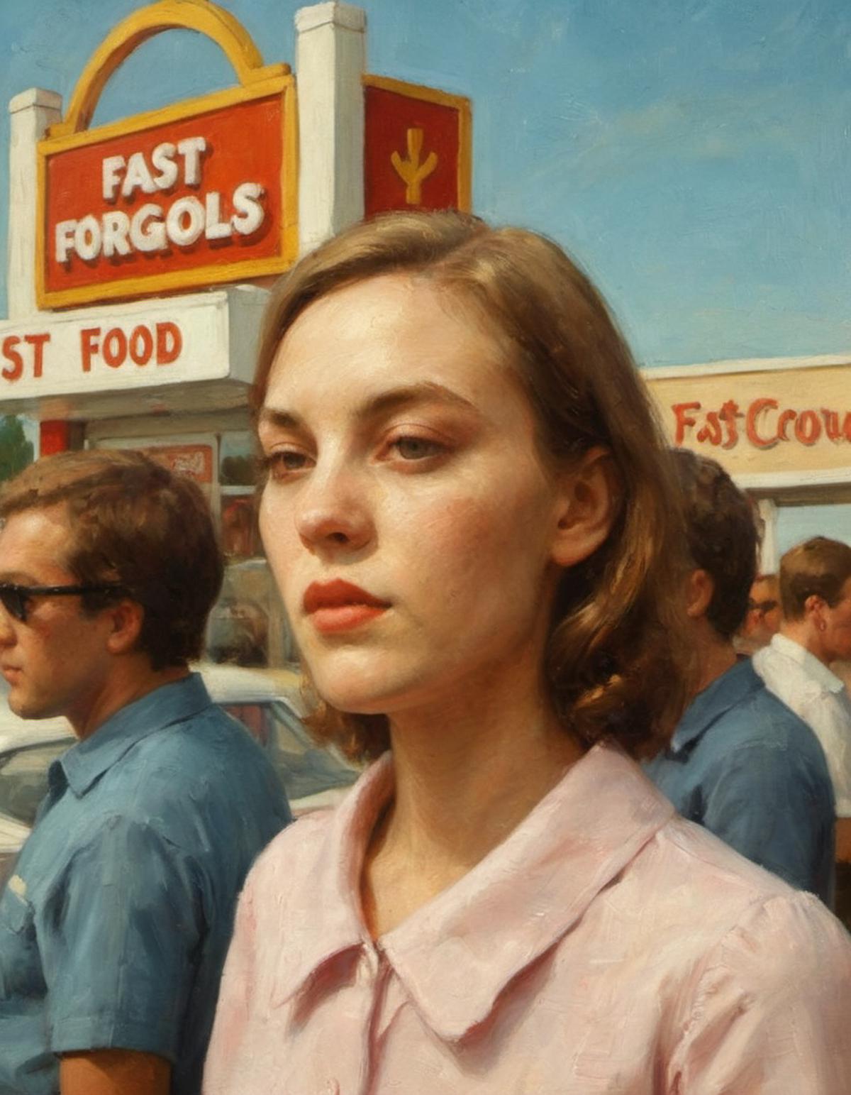 A woman stands outside a fast food restaurant with a group of people, one of whom is wearing a blue shirt.