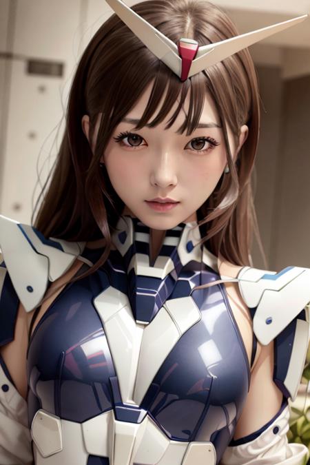 1girl, <lora:chinaDollLikeness_v10:0.1> ,realistic, solo, (masterpiece:1.2), best quality, <lora:mecha_musume_v11-10:0.7>,  mecha musume, metal, v-fin,