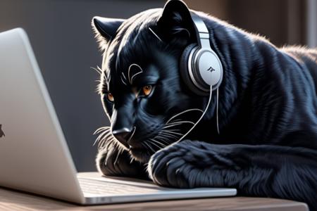 a highly detailed digital drawing of A black panther With headphones working on a laptop in a startup, long fuzzy fur, cute, intricate detail, cinematic, 4k, masterpiece