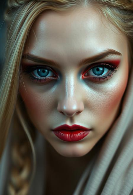 masterpieces, close-portrait, female, beautiful face, big eyes, makeup, pale skin, blonde hair, braided hairstyle, mysterious, red  make-up, glossy blue eyes,best quality,masterpiece
