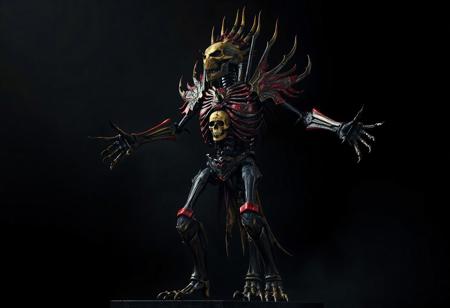 "A hyperdetailed cinematic concept art of a grimdark monster humanoid standing tall against a Nightmare Throne black background. The figure is composed of a skeletal structure, adorned with intricately designed red and gold armor covering its torso and arms, featuring a prominent skull on the chest. The monster’s arms are outstretched, legs slightly spread, and head turned to the left, gazing into the distance, exuding readiness and eerie dominance. Rendered in Unreal Engine 5, with 8K resolution, lifelike details, sharp lines, and stunning, harmonious colors. The composition is impeccable, with captivating lighting, balanced editing, and a creative angle, trending on ArtStation, CGSociety, and Pixiv. Inspired by the styles of Raphael, Houdini, and Grammer Effect, with vivid emotions and a powerful message. The monster humanoid’s design showcases handcrafted precision and a sense of otherworldly menace, making it the undeniable focal point of the image. Cinematic composition, featured on ArtStationHQ and Pixiv, evoking a high-stakes, dark fantasy atmosphere."