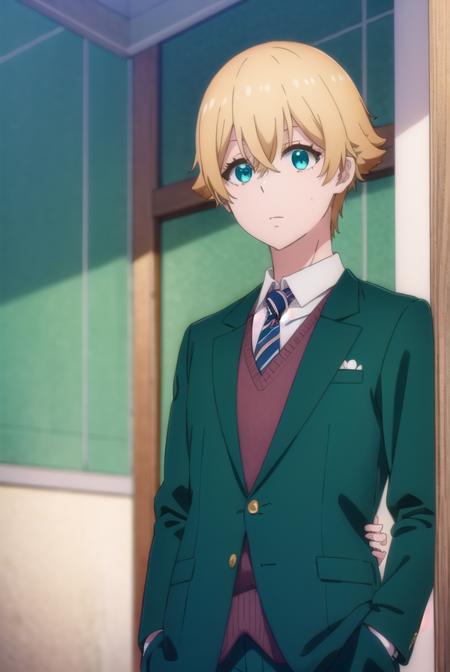 kousukemisaki, <lora:kousuke misaki s1-lora-nochekaiser:1>,
kousuke misaki, short hair, blue eyes, blonde hair, hair between eyes, male focus,
BREAK shirt, long sleeves, school uniform, jacket, white shirt, open clothes, necktie, collared shirt, pants, open jacket, black pants, blazer, red necktie, (green jacket:1.5), brown pants,
BREAK indoors, classroom,
BREAK looking at viewer, (cowboy shot:1.5),
BREAK <lyco:GoodHands-beta2:1>, (masterpiece:1.2), best quality, high resolution, unity 8k wallpaper, (illustration:0.8), (beautiful detailed eyes:1.6), extremely detailed face, perfect lighting, extremely detailed CG, (perfect hands, perfect anatomy),