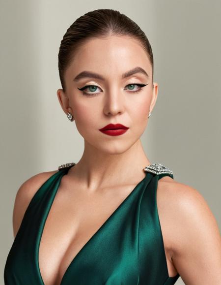 Create a high-resolution, hyper-realistic close-up portrait of a woman in a Vogue editorial style, wearing an elegant and modern dress that blends high-fashion sophistication with a contemporary, bold flair. The dress is stylish, tailored to perfection, and features unique elements such as sharp geometric cuts, asymmetrical lines, or structured shoulders, exuding modernity and confidence. The color palette of the dress is bold and strikingâthink deep emerald, crimson, or sleek blackâwith subtle metallic accents or textures that add dimension. Her expression is fierce and empowering, with a strong, direct gaze and an assertive yet graceful demeanor that exudes confidence and poise. The makeup is high-fashion, with a sharp winged eyeliner, sculpted brows, and a bold lip color that complements the dress and enhances her strong expression. open hair, styled. The background is minimal but dynamic, with soft gradients or a simple architectural element that keeps the focus on the powerful elegance of the subject. The lighting is strong and defined, creating sharp contrasts that highlight her features and the details of the dress, giving the image a modern, edgy editorial feel