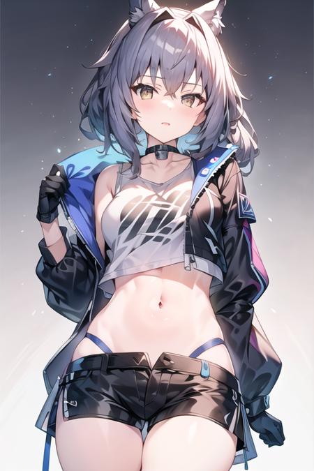 <lora:silver_wolf-ani1.5v1:1> silver wolf, 1girl, solo, crop top, navel, shorts, stomach, looking at viewer, jacket, choker, black jacket, black shorts, gloves, shirt,