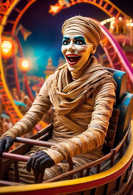 A hilarious and playful scene of an ((ancient mummy)) enjoying a thrilling roller coaster ride. The mummy, wrapped in tattered bandages, is shown grinning and holding on for dear life. The roller coaster is bright and colorful, with twisting tracks and loops that create a sense of excitement. The background shows a bustling amusement park, filled with screaming riders and various attractions, giving off an eerie yet entertaining atmosphere.