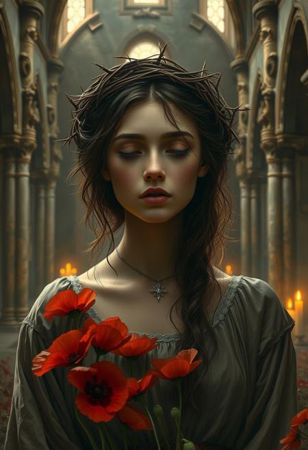 A silent mourner with a crown of thorns and blooming poppies, standing in a candlelit cathedral ruin, Renaissance portrait realism with romanticized storytelling, warm golden light, expressive yet refined faces, soft muted color palette, whimsical historical settings, rich painterly textures, noble figures in charming, intimate moments, elegant yet lively compositions