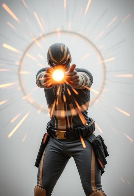 british superhero in a grey and tan bodysuit shooting rings of concussive force towards the camera