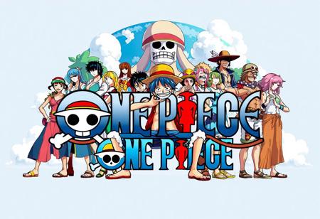 logo ps1 in visual and team of anime one piece whit world of this anilme in bckground