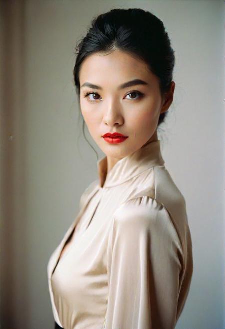 Age:27
Facial Features: Delicate features with a small, rounded nose and full lips.
Height: 170 cm
Hair: Shiny, long, straight black hair worn loose down her back.
Outfit: evening dress  in neutral colors with a pop of red.
Eyes: Smart, Almond-shaped, dark brown eyes with long lashes.
Physique: chinese, Petite, soft stomach, small soft breasts
(analog portrait photo, kodak potra 400)
(shot by von unwerth):1.7