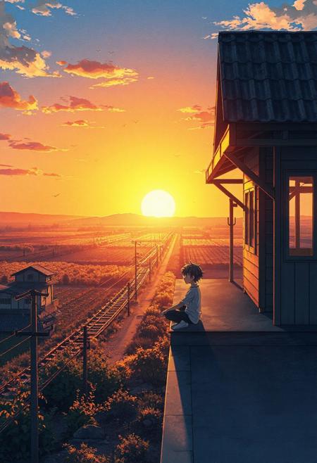 Vertical 9:16 cinematic anime scene, anime boy sitting quietly on the roof of a small rural train station, distant fields glowing under the setting sun, cicadas humming in the background, nostalgic golden light, detailed soft watercolor anime shading.