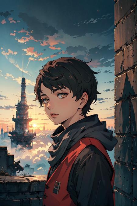 twenty-fifth bam, 1boy, red vest, black shirt, long sleeve, scarf, solo, looking at viewer, upper body, potrait, tower, cityscape, sky, spacecraft, skyscraper, fantasy, fog, (masterpiece:1.2, best quality)