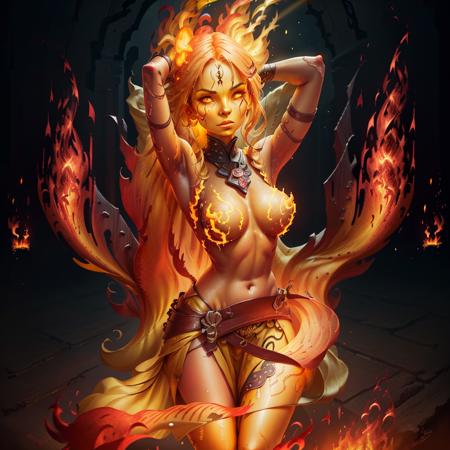 (girl by FireFull:1), curvy, fantasy, cute pose, epic, (fire, fiery hair, glowing), (fire skin, yellow skin:2), (nun dress:1.2), day,
(detailed ladscape, castle:1.2),(detailed background),detailed landscape, (dynamic angle:1.2), (dynamic pose:1.2), (rule of third_composition:1.3), (Line of action:1.2), wide shot, daylight,
(masterpiece:1.2), (best quality, highest quality), (ultra detailed), (8k, 4k, intricate),(full-body-shot), (Cowboy-shot:1.4), (50mm), (highly detailed:1.2),(detailed face:1.2), detailed_eyes,(gradients),(ambient light:1.3),(cinematic composition:1.3),(HDR:1),Accent Lighting,extremely detailed CG unity 8k wallpaper,original, highres,(perfect_anatomy:1.2),
 <lora:FireElement_concept-20:0.6>