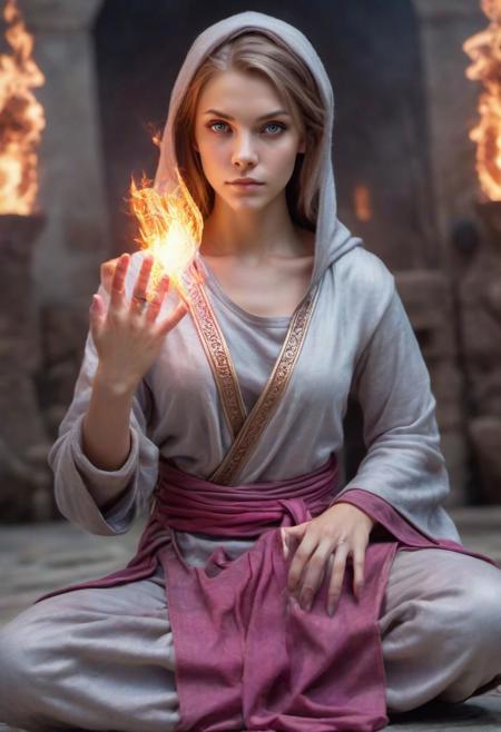 (photo:1.35) (D&D character) (monk/fire sorceress:1.27) tan (Age 21) (shorter layered hair, light brunette:1.27)  (28B-23-31 figure:1.33) makeup (silver/pink attire:1.23), athletic, (blue eyes:.9), in monastery, (casting Burning Hands to the side), full portrait to knees, realistic, HDR