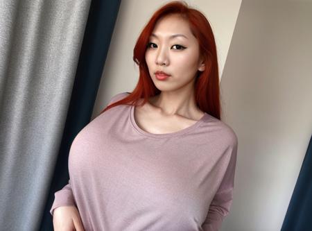 <lora:PBDi4m0nd_v1:0@1, 0.9@1, 1@0.5>,upper body shot, detailed, photorealistic,  (high quality:1.3), (high resolution:1.3), young asian red hair PBDi4m0nd woman in long comfy opaque t-shirt, looking at the viewer, big breasts