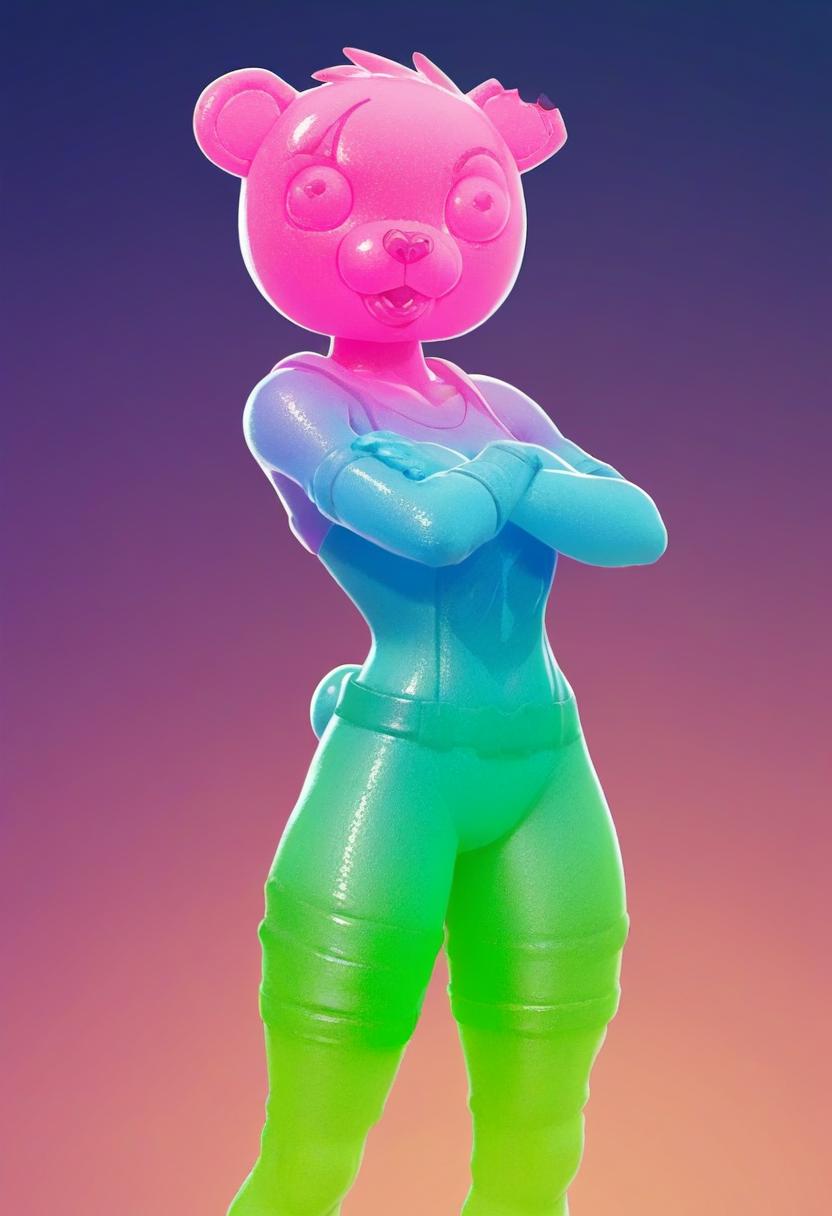 score_9, score_8_up, score_7_up, (source_cartoon, 2d), 1girl, solo, GummiTeamLeader, furry female, gummy bear, colored skin, pink skin, bear, standing, arms crossed, gradient skin, blue green skin,  <lora:Gummi_Team_Leader_Fortnite:0.8>