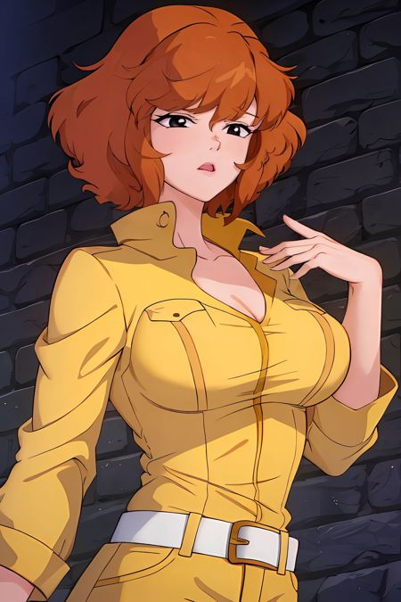 april o'neil short brown hair, black eyes yellow jumpsuit, sleeves rolled up, white belt