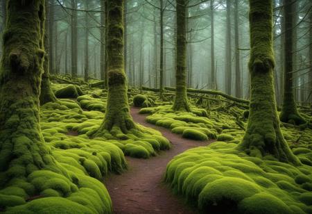 photograph of a Magical fairytale forest. Coniferous forest covered of green moss. Mystic atmosphere.