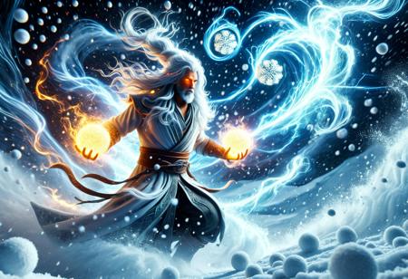 snowcaster, sn0wb4ll, A captivating 3D CGI fantasy render of an ancient snow mage, standing resolute amidst a fierce blizzard. Surrounded by swirling vortexes of snowballs, a glowing ethereal aura envelops him as pulsing energy flows through the air. Turbulent winds whip around him, carrying whispers of the storm. His hands, engulfed in snow magic, cast powerful spells, while his radiant, glowing eyes pierce through the chaos. The mageâs long, white hair and beard are swept by the howling winds, adding to his commanding, otherworldly presence. <lora:Snowcaster:0.8>