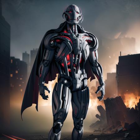 ultron, solo, frontal view, standing tall, cape, battlefield, explosions, destruction, warzone, intricate details, masterpiece, absurdres, best quality <lora:ultronPrime-000020:0.8>