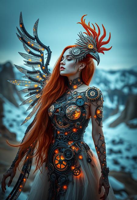 (Soft Lighting Photography by Mimoza Veliu and Mario Giacomelli:1.2), NSFW,  　masterpiece, surreal, elegant, long-haired woman with red hair, seamlessly merging with a clockwork phoenix, her crystal dress transformed into an intricate network of blackened gears and springs, each part interlocking with metallic precision and glowing with a faint, yellow luminescence, elaborate silver and red mask with frosted details, frozen mountains backdrop with sunny and sand formations, intricate details throughout the scene, reflecting a red-tinted metallic sheen that contrasts with the black and  yellow crystalline elements of her form, enchanting and eerie, dark queen, beauty, glacial elegance, 8k, hyperrealistic, soft focus, sexy, dynamic poses, fire