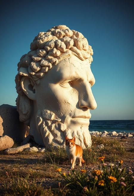 (Soft Lighting Photography by Mimoza Veliu and Mario Giacomelli:1.2), award-winning photography, photo of a cat besides a badly damaged and huge head of an Ancient Greek sculpture, Colossus of Rhodes, in a beautiful beach, Cats running around:1.5, (broken status, spare parts scattered nearby.) Grass and flowers grow around it. Sunny summer day. ocean. Calm and beautiful. Detailed art, many details, cute, adorable, fairytale, storybook detailed illustration, cinematic, ultra highly detailed, beautiful details, vibrant colors, complex background, fine art, best quality, hyper detailed, professional poster art, bold lines, award winning, trending on ArtStation , (intricate details, masterpiece, best quality:1.4), aesthetic and beauty, astounding details, high depth of field, f/4, framing, breakthrough, collodion process, soft particles, ageless atmosphere, (maroon and marigold colors:0.1),dark, chiaroscuro, low-key,