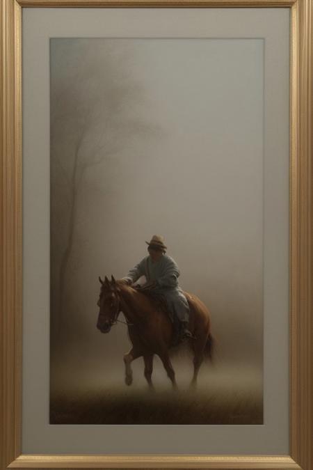 A dynamic painting in soft pastel colors depicting figures in motion through a thick fog, evocative of the Dutch Golden Age style.  The painting features soft brushwork, blurred lines, and action poses, creating a gentle and soothing atmosphere.