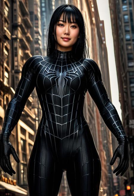 score_9, score_8_up, score_7_up, best quality, realistic, masterpiece, beautiful detail, hyperrealistic, cafe, ((1girl, woman body, huge breasts)), amazing detailed full body portrait of a beautiful japanese girl, wearing a realistic and highly detailed black raimi spider-man suit, ((huge muscular girl)), professional model wears ultra - detailed and grained black raimi spider - man suit, suit covered entire body and hand, black spiderman gloves, wet, (full body), (elegant pose), sweet smile, black hair, octane render, highly detailed, volumetric, dramatic lighting, (highest quality:1.1), (HDR:1.3), (top quality, best quality), realistic, high definition, Expressionism - sharp focus, professional photography, masterpiece, ultra detailed photograph, high quality, 8k,