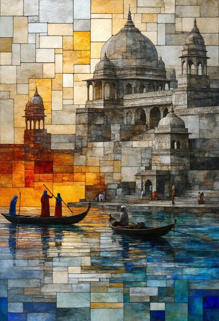 Envision a bustling Varanasi ghat at dawn, India, rendered as a Cubist stained-glass panorama. Pilgrims perform their morning rituals against a backdrop of ancient architecture, their forms fragmented into a mosaic of geometric shapes. A lone boatman guides his vessel through the sacred waters. The color palette utilizes deep ochre, indigo, saffron, and slate gray, creating a visually arresting contrast. Blend photorealistic details â the texture of the stone, the reflections in the water, the details of traditional clothing â with the geometric abstraction of Cubism. The overall composition should convey a sense of spiritual reverence, timeless tradition, and the profound beauty of India, deeply immersed in a dramatic interplay of light and shadow.