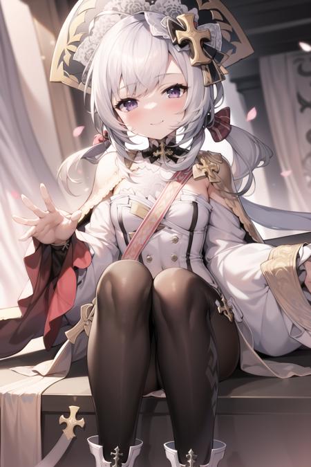 masterpiece, best quality, 1girl, solo, flandre, small breasts, white leotard, hat, cape, sash, cross hair ornament, long sleeves, blush, looking at viewer, smile, sitting, black footwear, <lora:flandre:1>