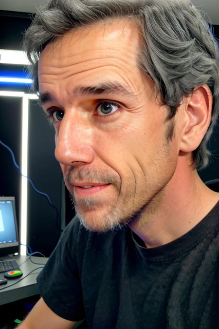 a man <lora:terryDavis:1>, RAW, UHD, 8K, looking at camera, in a blue glowing supercomputer server room, powerful computation, gray tee shirt, candid, amateur, natural lighting, perfect day, [smiling], rim light, close up