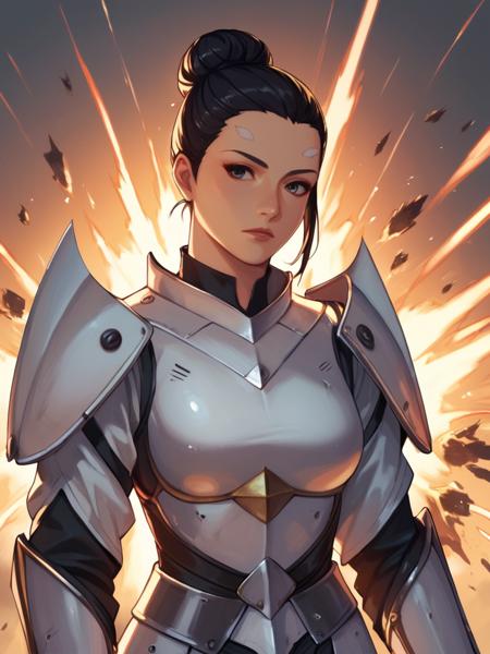 senyatirall, zakuul_knight_armor, facial_marking_above_eyes, older woman, black hair, hair bun, white armor