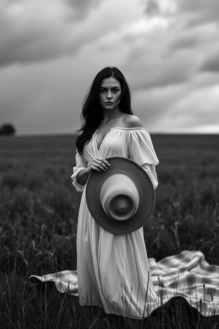 half body shot,
dark haired woman,
wearing white gown,
questioning expression in her eyes. She stands in a meadow besides a picknick blanket,
holding her straw hat in one hand,
she is about to pack up but looking at the viewer as if to make sure that its time to go,
dark stormy sky,
dramatic lighting,
black and white,
cinematic,
f/2.8,
film still