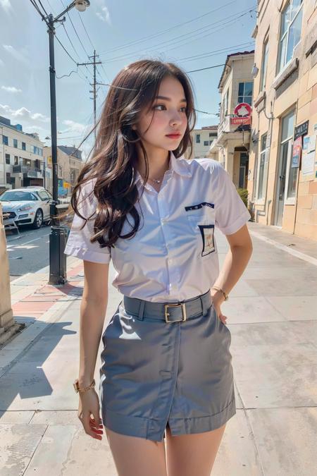 realistic details, detailed, (((1 girl, cute, delicate, beautiful, slender, petite, medium breast, sma_uniform, schoolgirl uniform, high school uniform, white shirt, grey skirt, walking, outdoor, perspective))), (ulzzang-6500-v1.1:0.66),  <lora:A_SMA_Uniform_v1a:0.9> (pureerosface_v1:0.3)