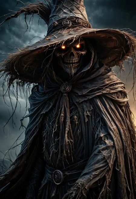 Scarecrow of the Apocalypse. A menacing figure cloaked in darkness, adorned with tattered robes and a weathered hat. His eyes glow with an otherworldly light, instilling fear in all who cross his path. His presence heralds doom and despair, a harbinger of the end times. Capture the eerie essence of his form in a single scene. DEVIL SPAWN.