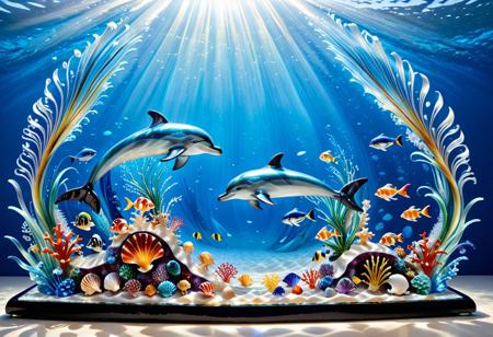 masterpiece, best quality, whimsical, murano_glass_style, serene underwater scene with marine life made of multicolored Murano glass, sunlight filtering through the glass waves, creating a dazzling play of light, vibrant glass reflections, set in a tranquil ocean environment, a glass dolphin gracefully swimming alongside a school of glass fish, nearby a glass mermaid with flowing hair, resting on a glass coral reef, intricate glass sea plants and shells scattered throughout, the entire underwater world sparkling with colorful reflections, a peaceful and enchanting atmosphere, showcasing the elegance and complexity of Murano glass artistry