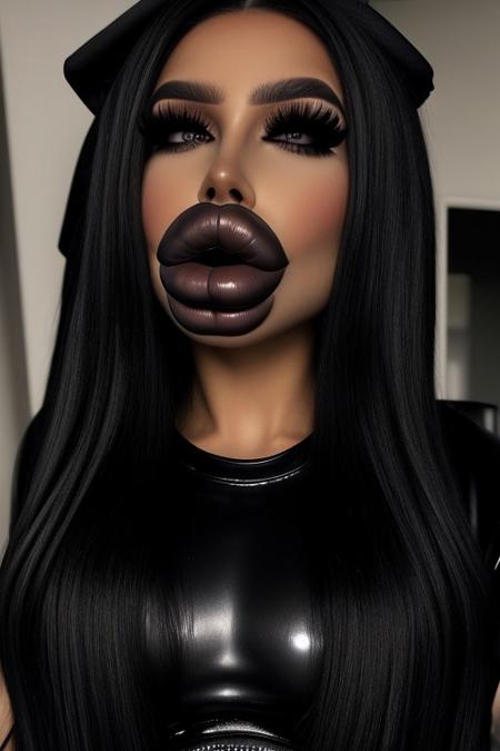 Full body picture, perfect face, model face, oral invitation,kissing face, platform boots, gotich, albatross art style,touching lips, Poking lips, long nails, goth, goth clothes, goth makeup, seductive, sadistic, sadistic smile,
SWOLLEN LIPS, 
(detailed hair, smooth skin, oiled skin, shiny skin, mature:1.1), (makeup, contour, skindentation), (black skin:1.1), hair over one eye, plump lips, bimbo, bimbo lips, thick hair, very long hair, jesica rabbit hair, dark lipstick, dark eyeshadow, black lipstick, (black lips:1.3),
uncensored, NSFW, realistic
 <lora:Botox_lips:0.6>