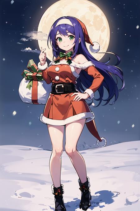 masterpiece,best quality,illustration,beautiful detailed girl, highres,1girl,<lora:GoodHands-beta2:1:lbw=MIDD>,nice hands, perfect hands, <lora:mia feh:0.8>,mia feh,(white hairband:1.2),santa hat,(santa claus:1.2),smile,full body,standing,grass,(snow:1.2),night,moon