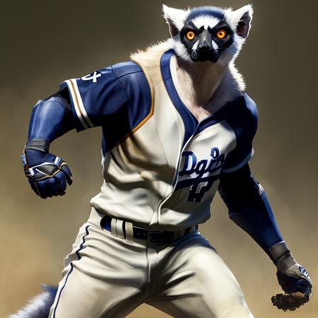 ringtail lemur baseball player. LA Dodgers team. fking scifi v2, art by smoose-2-500