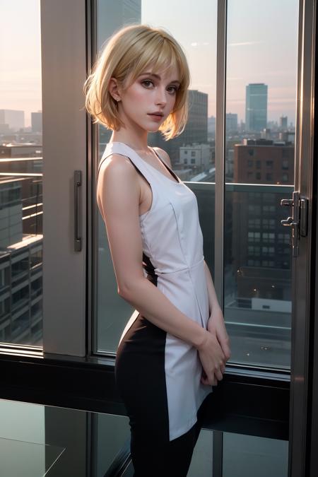 (masterpiece, best quality, highres), 1girl, short hair, blonde hair, modern architecture, sunset, sleek and elegant with the reflection of warm light on glass facades,hhayleyy <lora:hhayleyyv3:1>